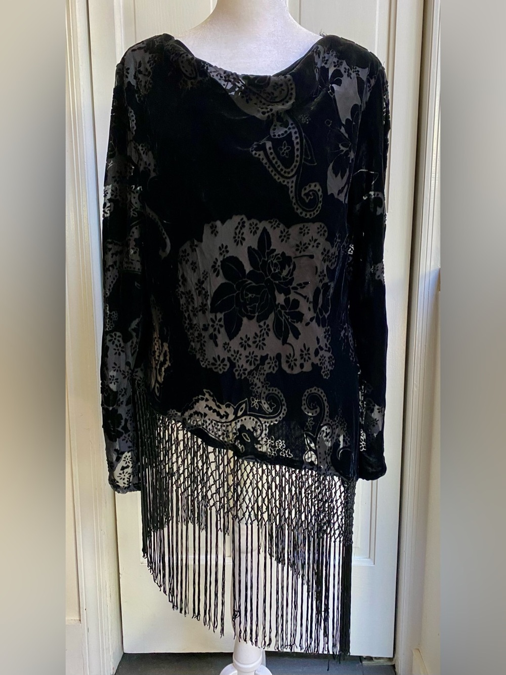 R&M Black Floral Velvet Whimsigoth Fringe Women's Blouse